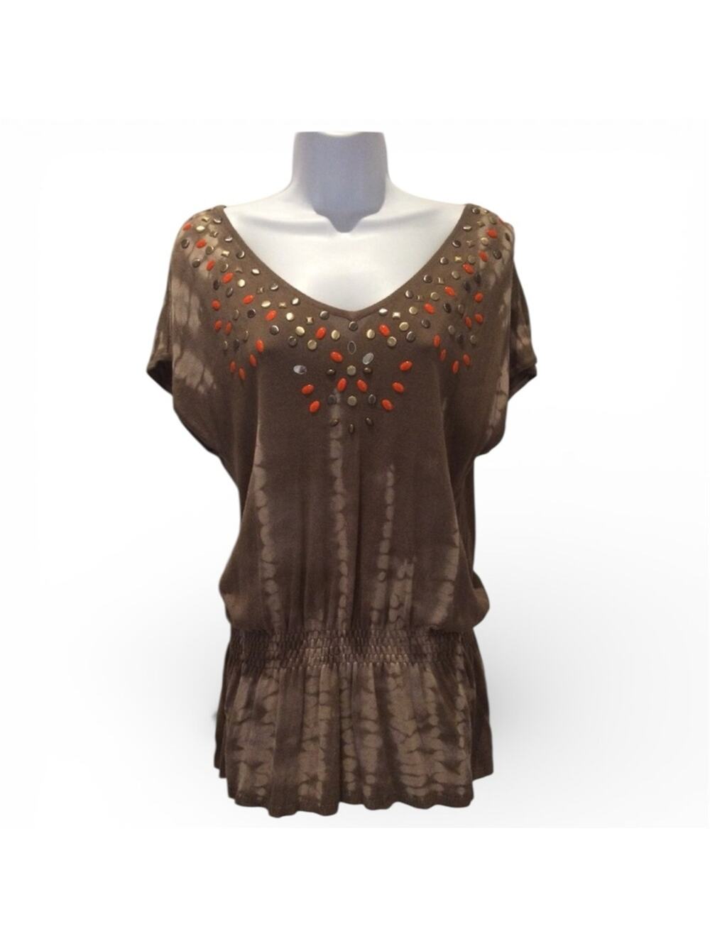 Cache XL Studded V-Neck Peplum Top Brown Tie Dye Short Sleeve